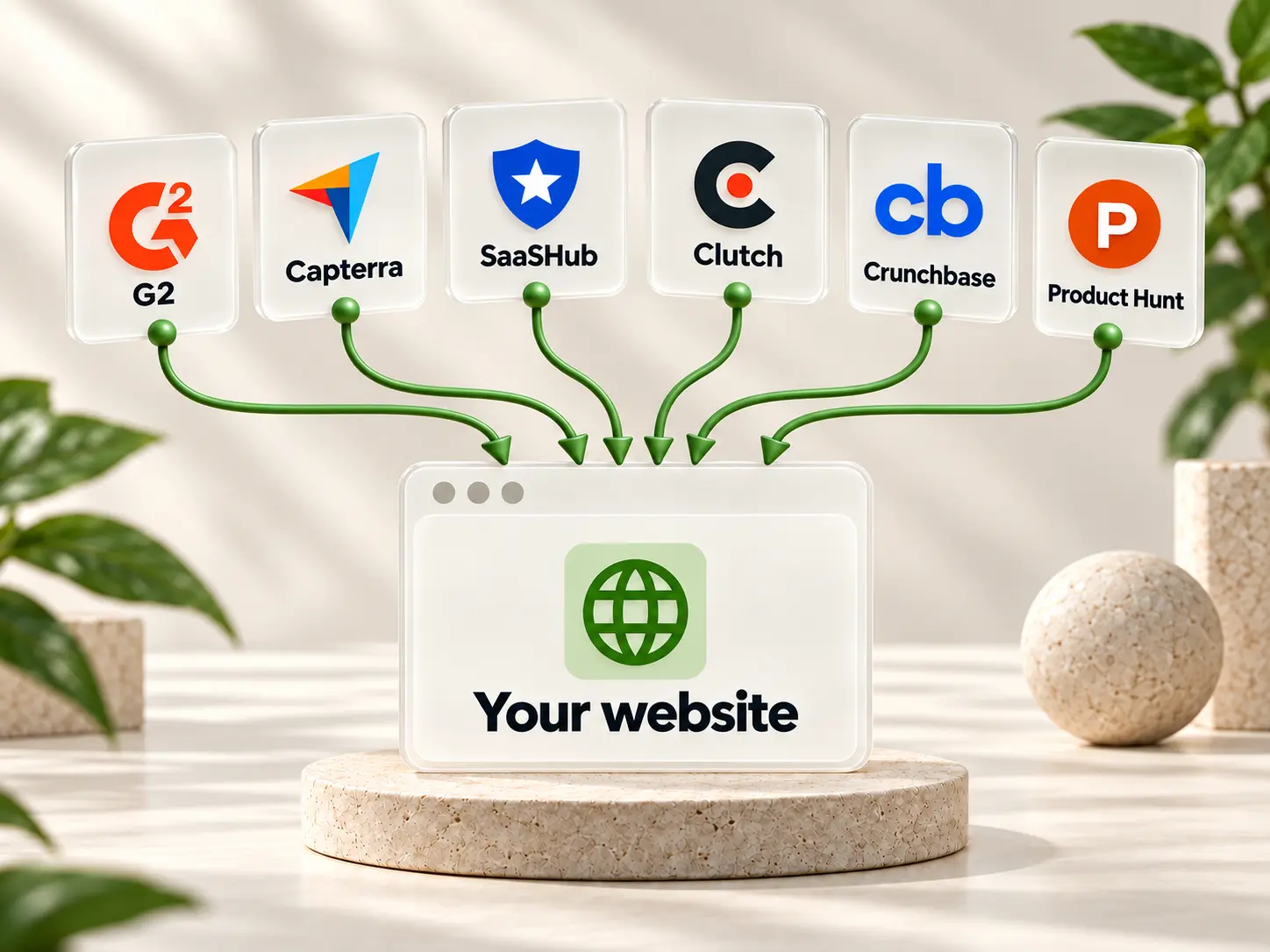 G2, Capterra, SaaSHub, Clutch, Crunchbase, and Product Hunt send inbound links to your website at yourbusiness.com, building your backlink profile.
