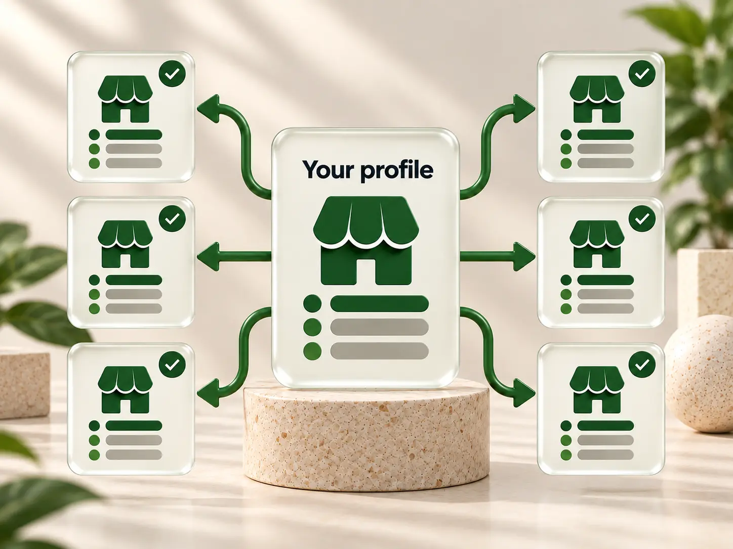 One approved business profile copied to six directory profiles, each with matching business details and a checkmark
